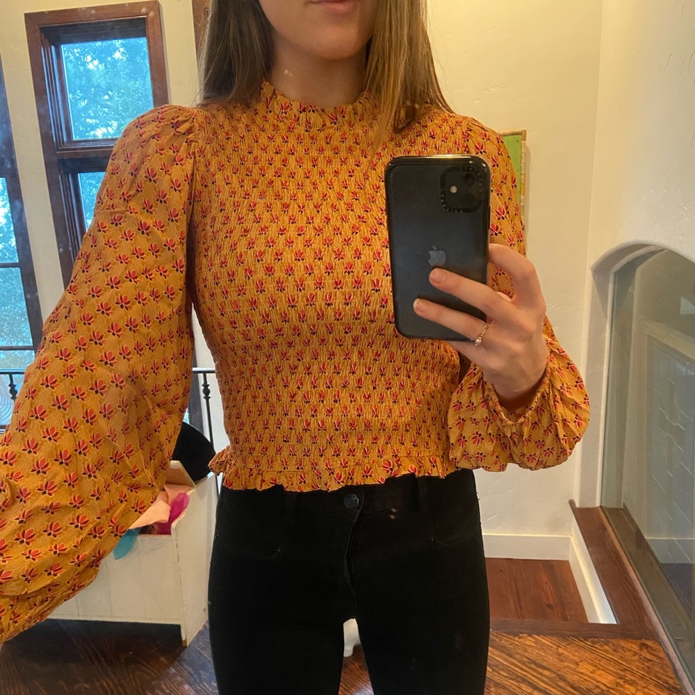 Olivaceous Flower Puff Sleeve Top - Picture 1 of 5